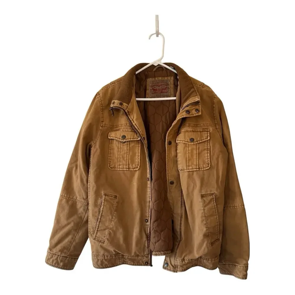 Levi's Men's Large Lined Jacket Brown Military Trucker Canvas Chore Coat Western - Picture 1 of 9